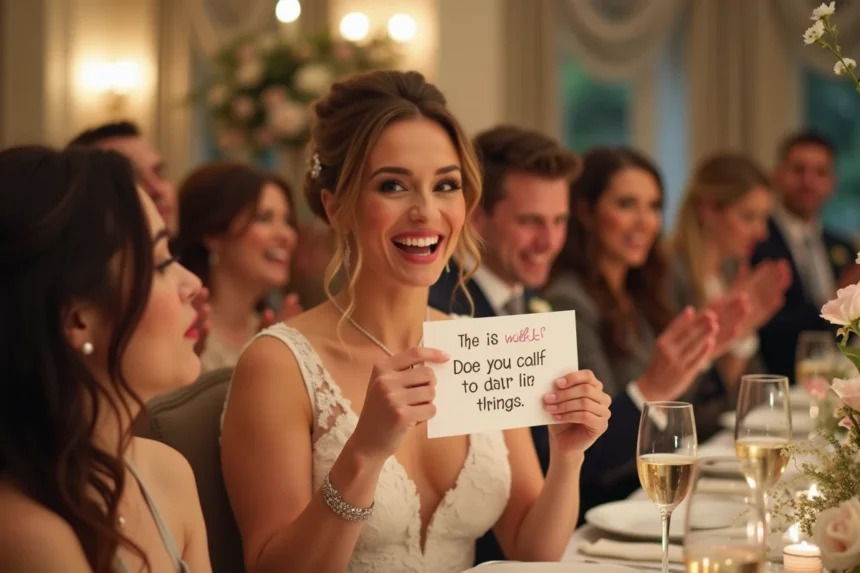 Mariée riant lors d'un jeu de mariage avec des gages rigolos entourée de ses invités