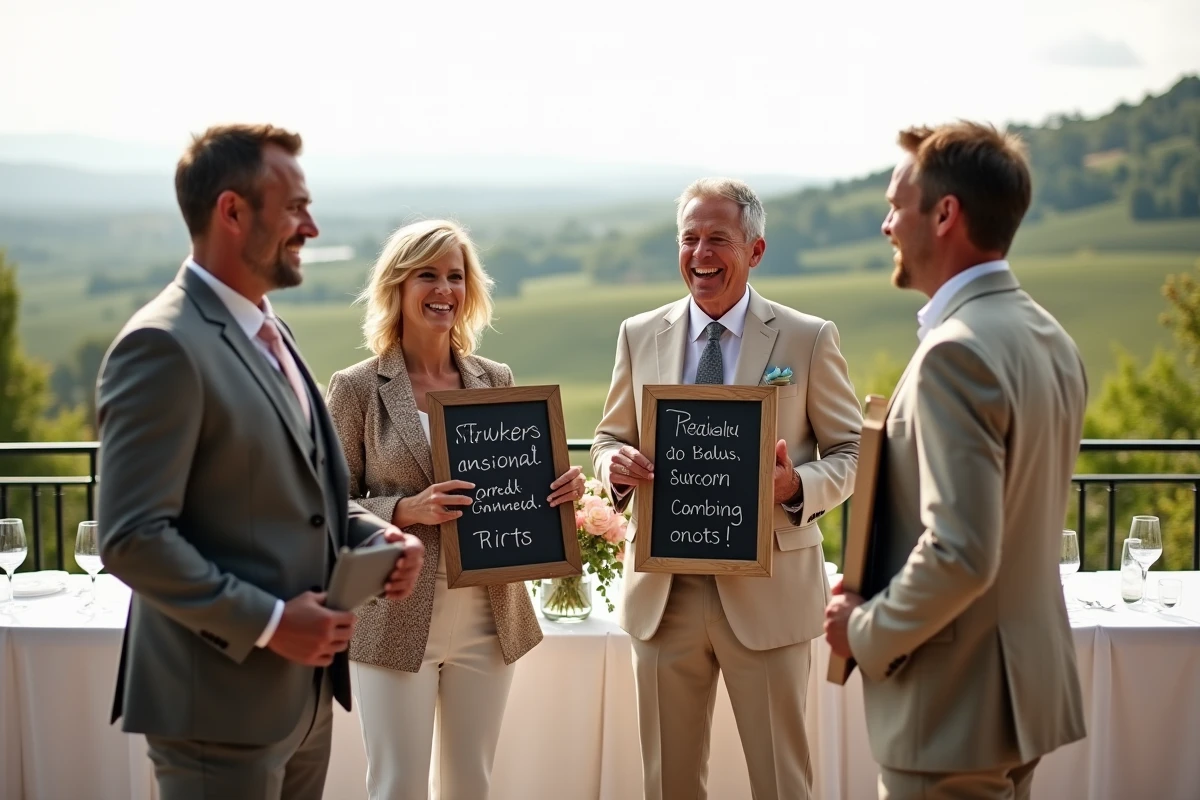 Invités de mariage participant à un jeu de devinettes sur une terrasse avec vue sur les vignes lors d'un mariage en petit comité