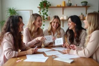 Groupe de jeunes femmes jouant à un jeu EVJF imprimé autour d'une table lors d'une séance d'organisation de bachelorette party