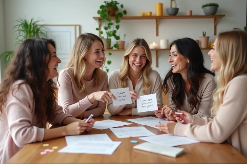 Groupe de jeunes femmes jouant à un jeu EVJF imprimé autour d'une table lors d'une séance d'organisation de bachelorette party