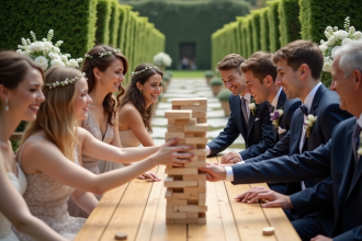 Groupe d'invités jouant au Jenga lors d'un mariage en plein air