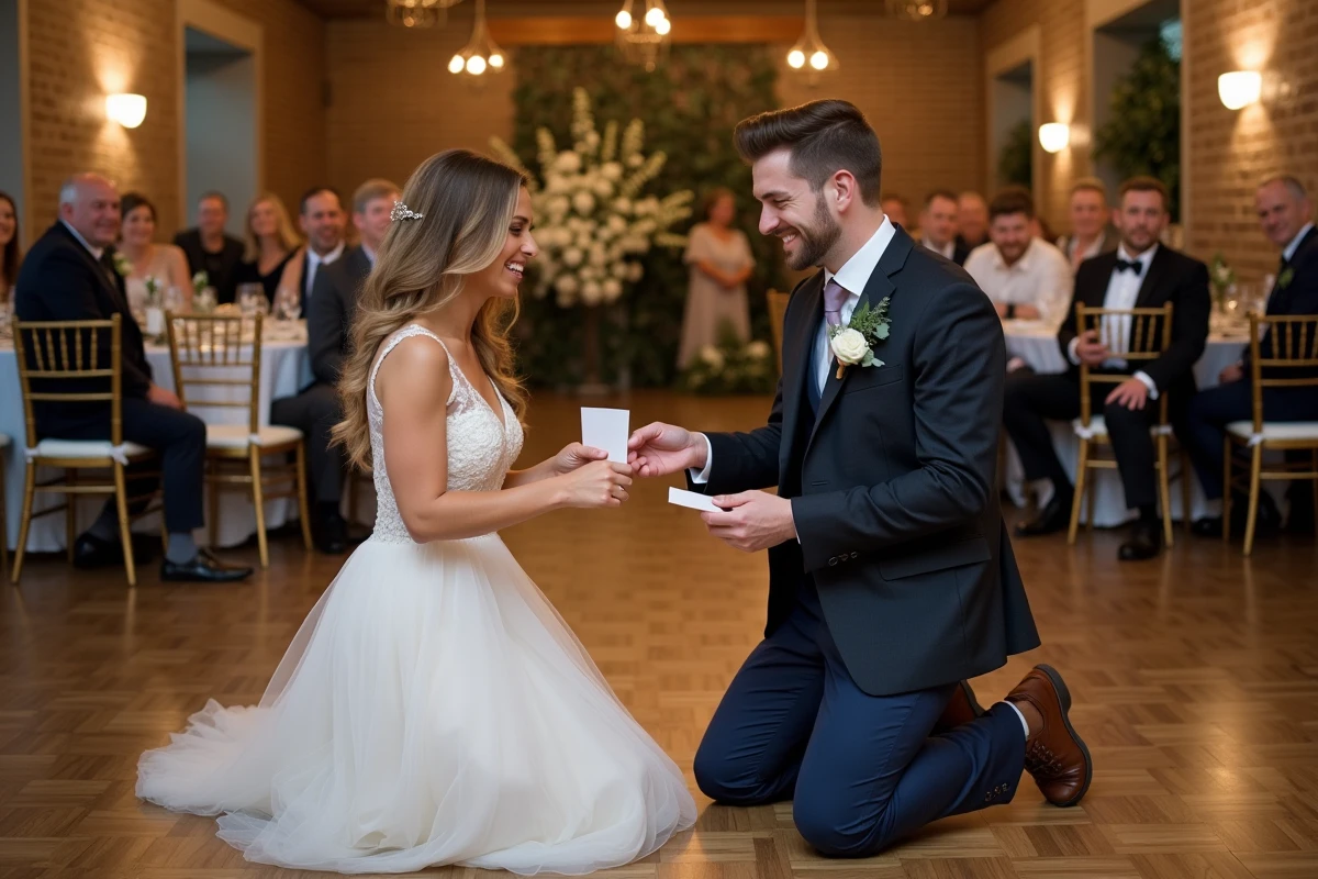 Mariés jouant à un jeu de quiz de mariage sur le parquet d'une salle de réception intimiste décorée de guirlandes d'eucalyptus