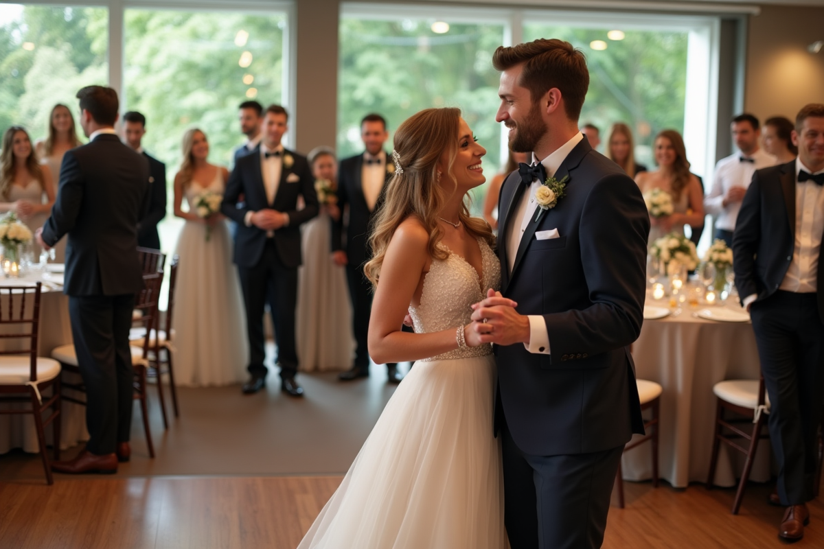 Jeune couple de mariés dansant et riant lors d