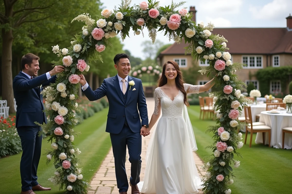 Jeune couple recevant une arche de fleurs dans un jardin