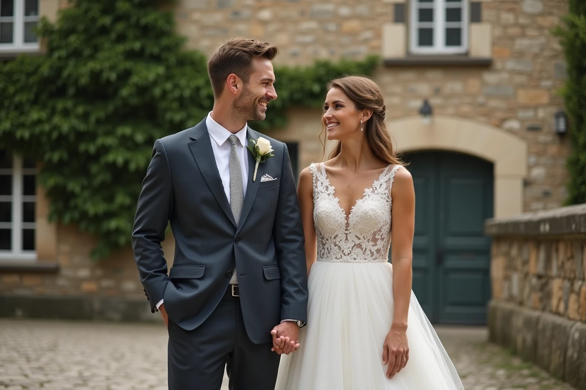 Jeune couple heureux devant la mairie en France