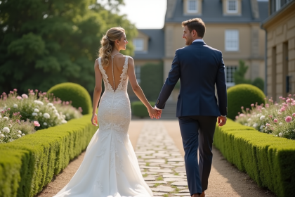 Jeune couple de mariés dans un jardin lors d'une promenade