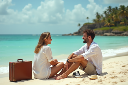 Jeune couple en voyage sur la plage avec valise vintage