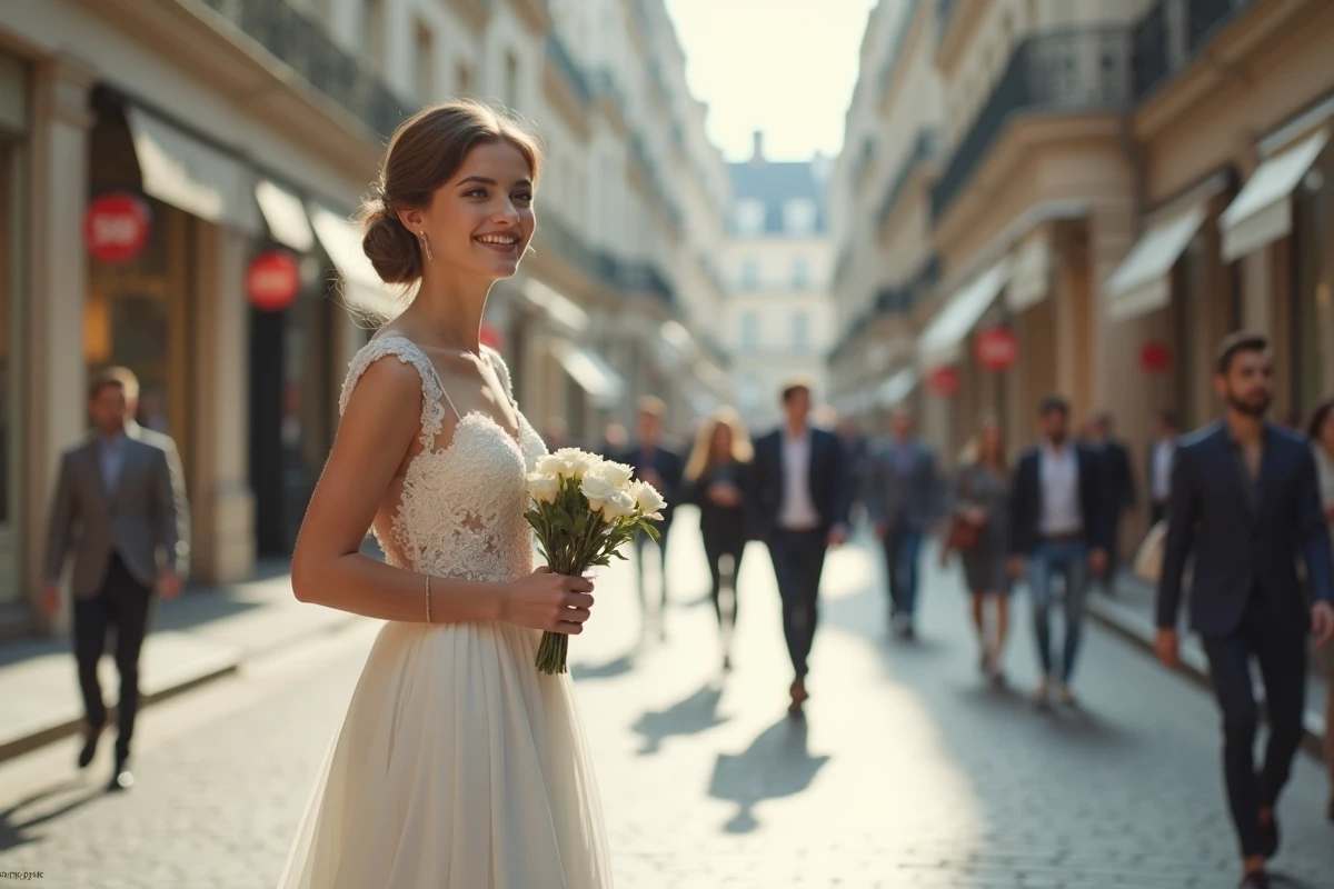Jeune femme souriante en robe de mariage à Paris