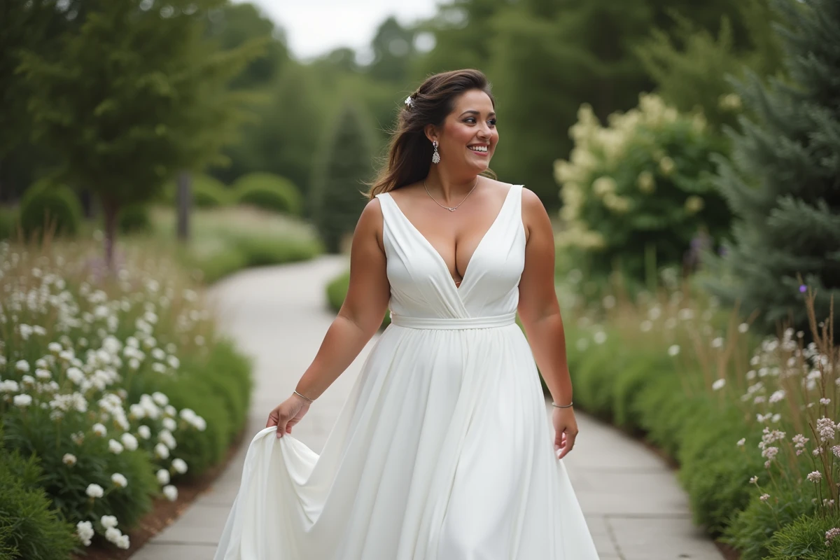 Jeune mariée souriante marchant dans un jardin fleuri en robe moderne