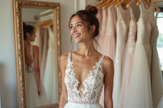 Jeune femme en robe de mariée élégante dans une boutique