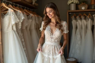 Femme souriante en robe de mariée bohème en dentelle