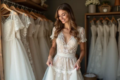 Femme souriante en robe de mariée bohème en dentelle