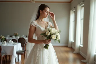 Jeune femme en robe de mariée ajustant son voile dans une salle moderne
