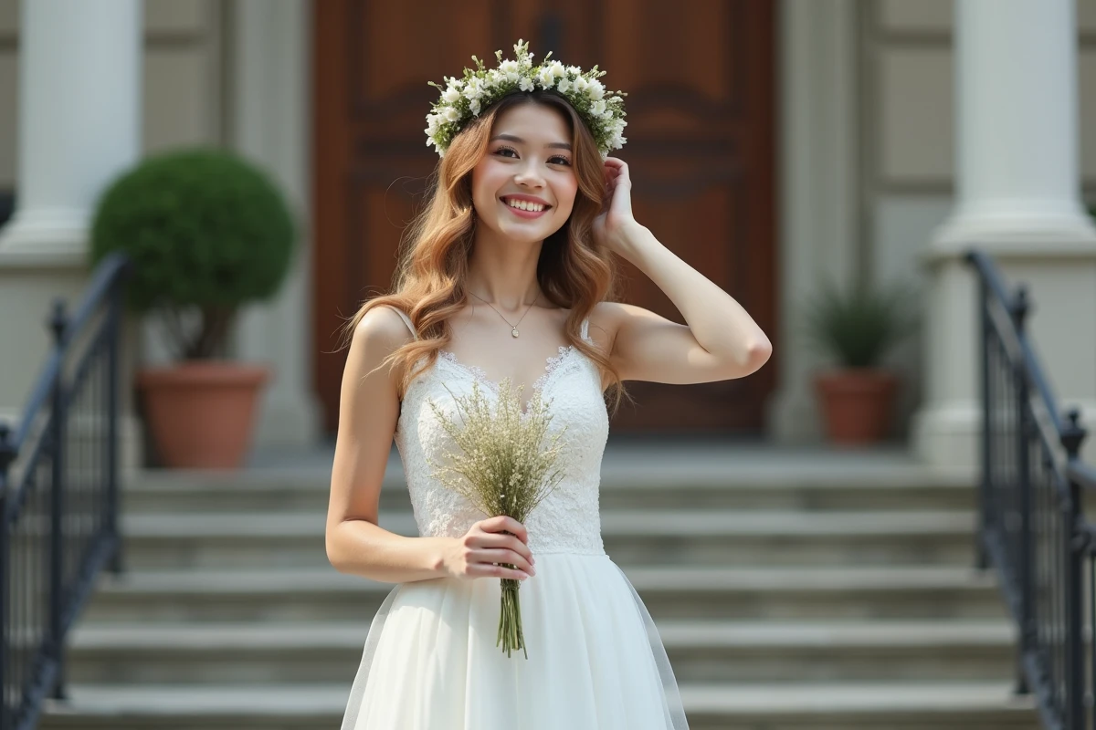 Femme souriante en robe de mariée dans un cadre urbain authentique