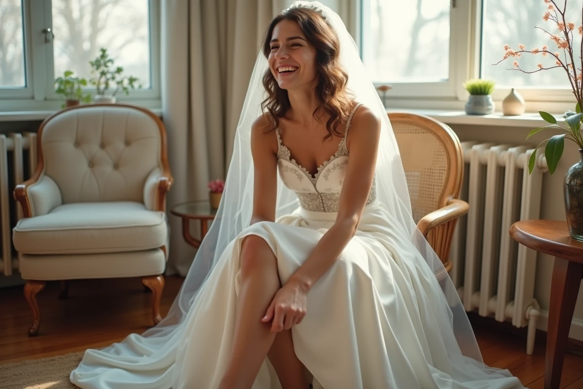 Jeune mariée assise dans un intérieur cosy et ensoleille