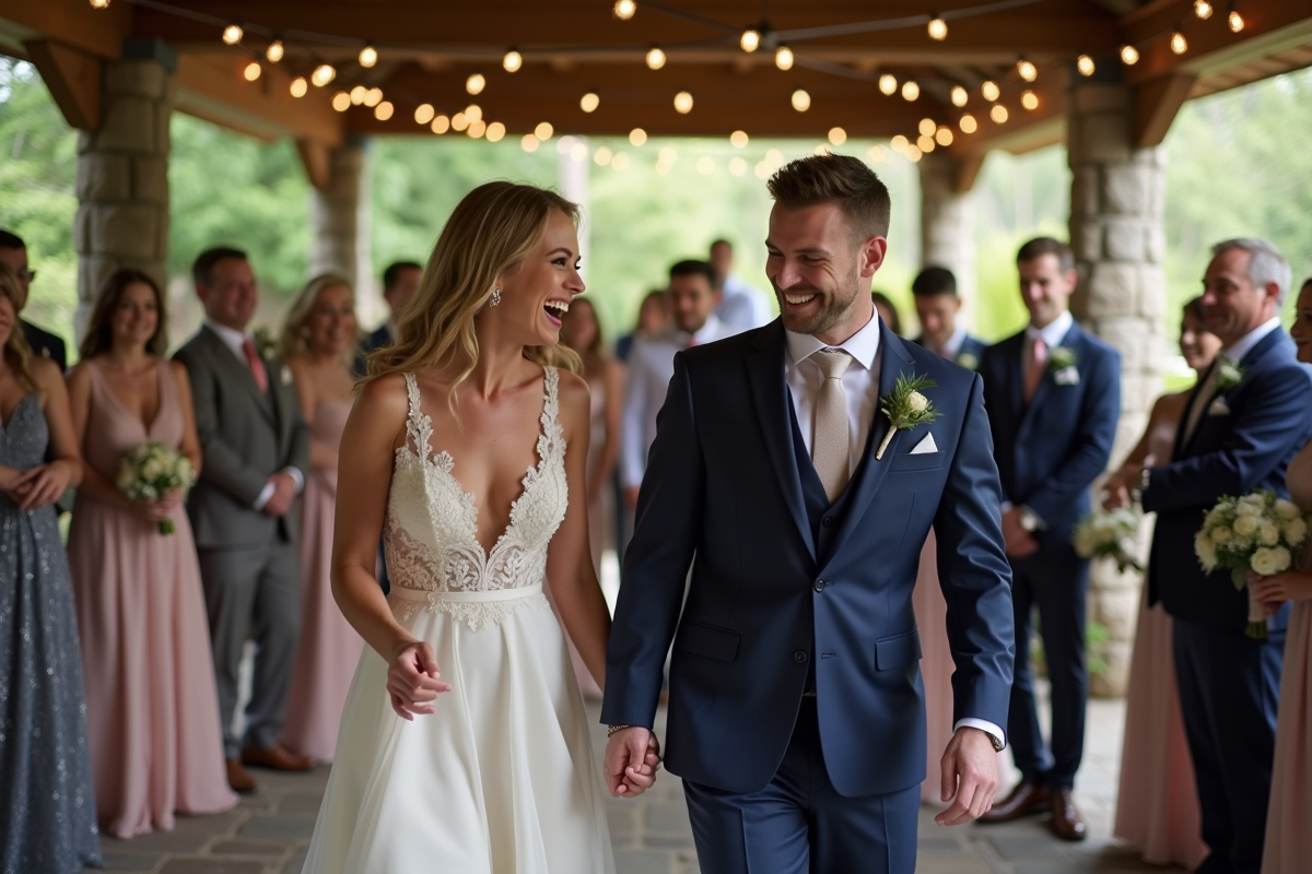 Jeune couple de mariés dansant lors d