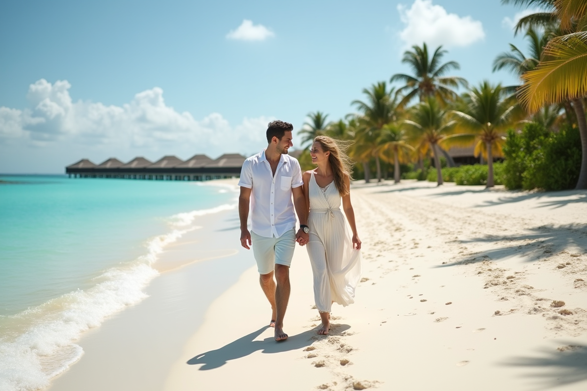 Jeunes mariés marchant sur plage tropicale paradisiaque