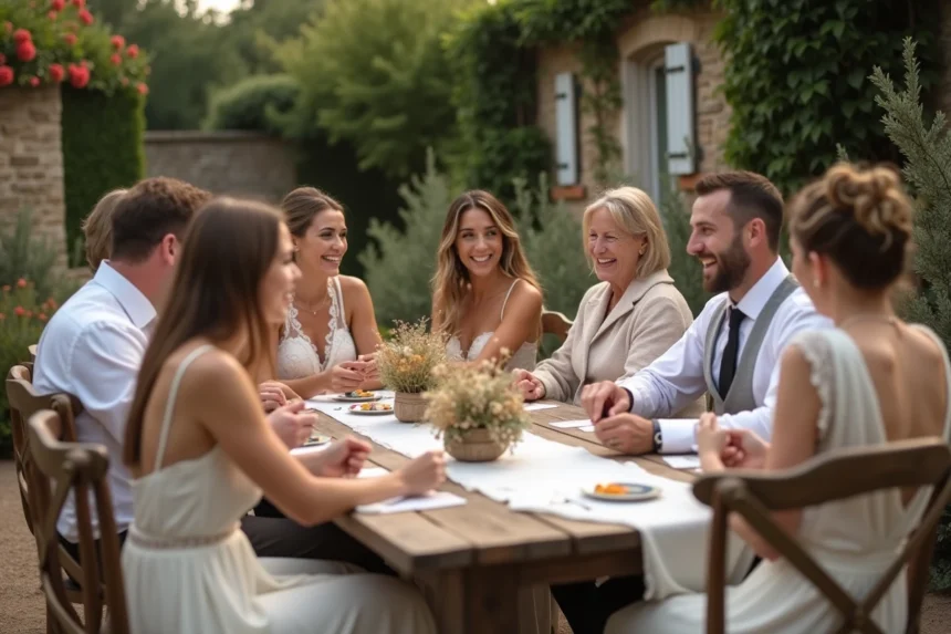 Groupe d'invités en tenue de mariage jouant à un jeu de cartes autour d'une table en bois dans un jardin champêtre lors d'un mariage intimiste