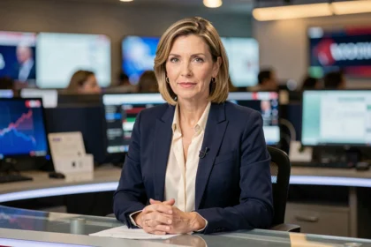 Journaliste de télévision professionnelle assise au bureau d'un plateau de news, expression confiante et posée