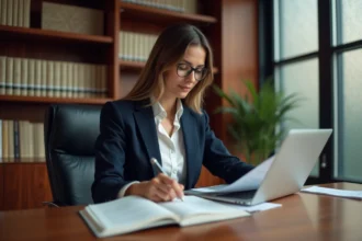 Femme juriste en blazer marine consultée des documents juridiques dans un bureau privé élégant, symbolisant la protection de la vie privée et le droit à la confidentialité