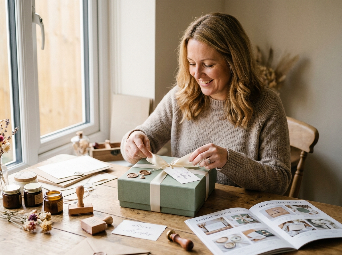 Femme préparant un cadeau de mariage personnalisé entourée d'articles sur mesure et d'un catalogue d'idées cadeaux
