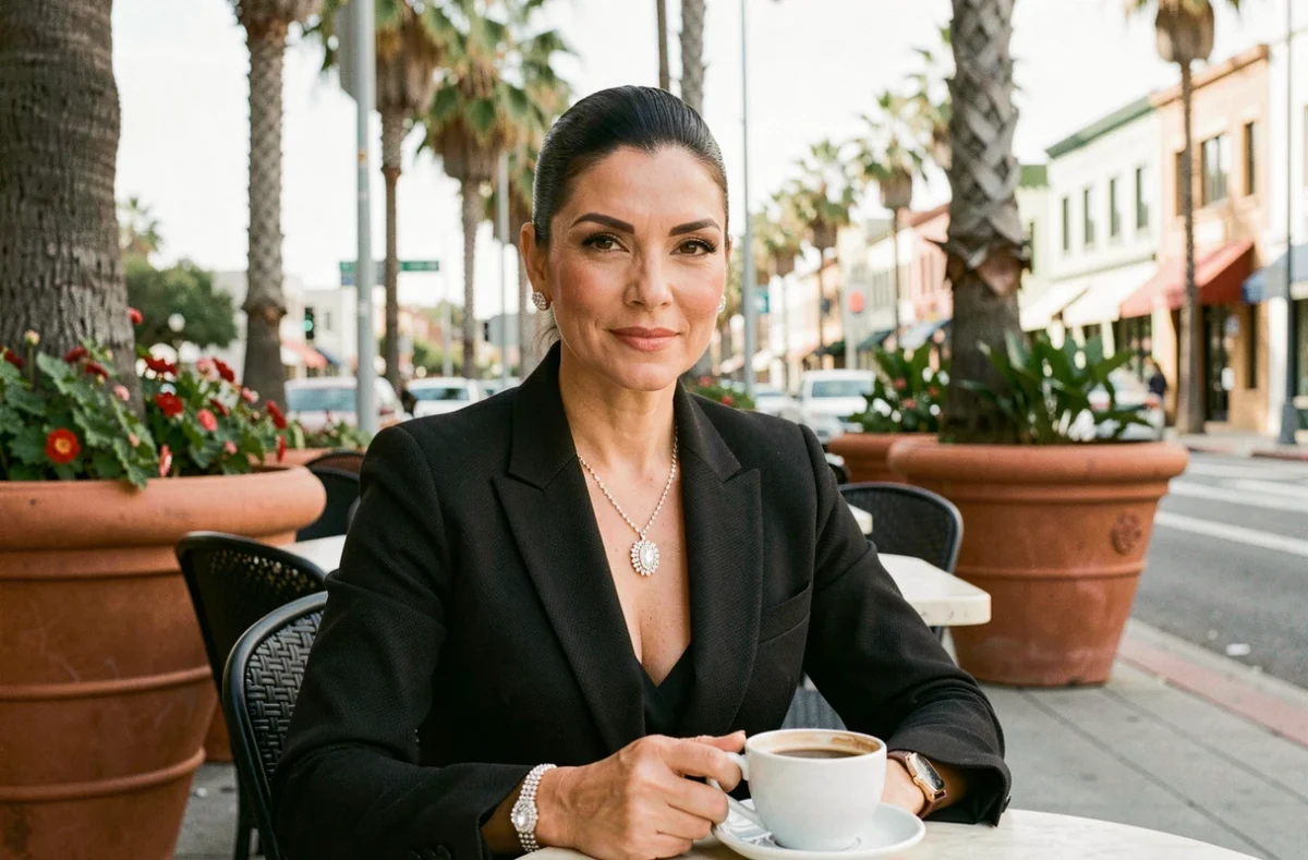 Femme élégante en blazer noir avec bijoux en diamant assise en terrasse à Los Angeles, illustrant une célébrité au cœur des spéculations matrimoniales