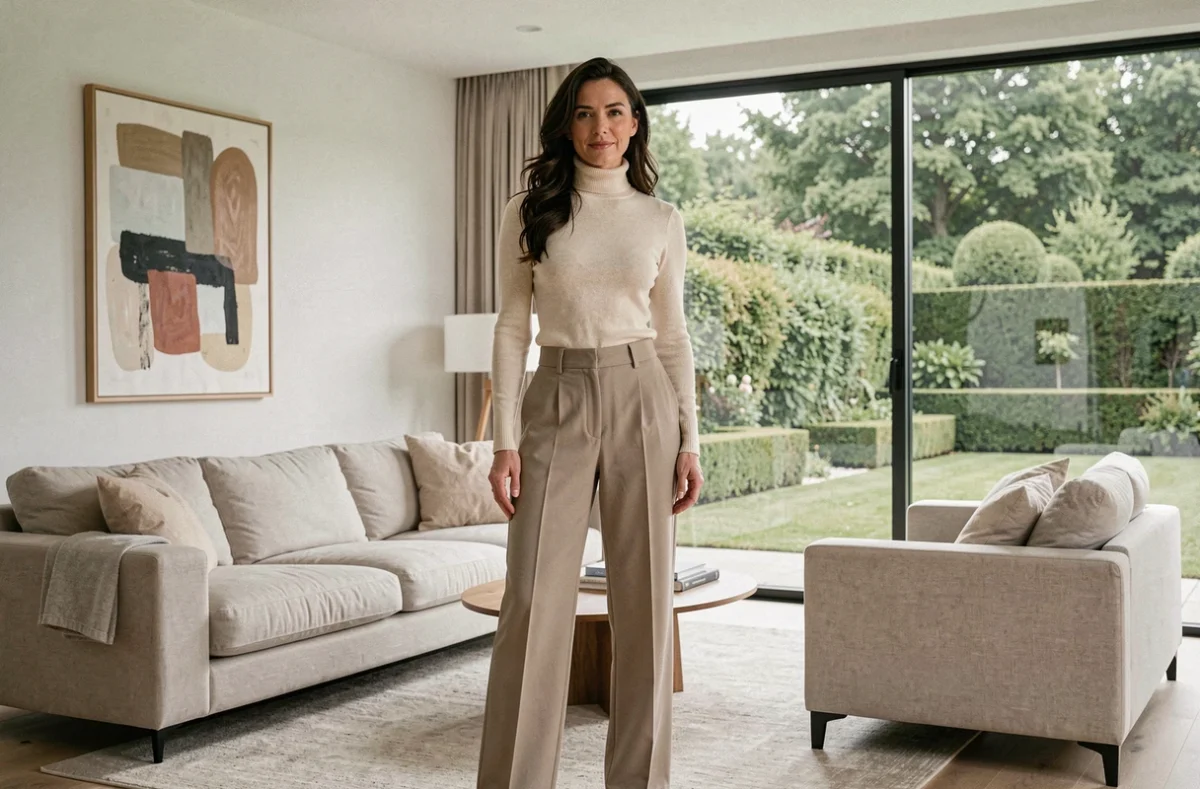 Femme moderne en tenue crème dans un salon minimaliste luxueux, symbolisant un nouveau chapitre de vie en lien avec les rumeurs de mariage de Kim Kardashian