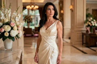 Femme glamour aux cheveux noirs portant une robe en soie ivoire dans un hôtel de luxe, évoquant les rumeurs de mariage de Kim Kardashian en 2026