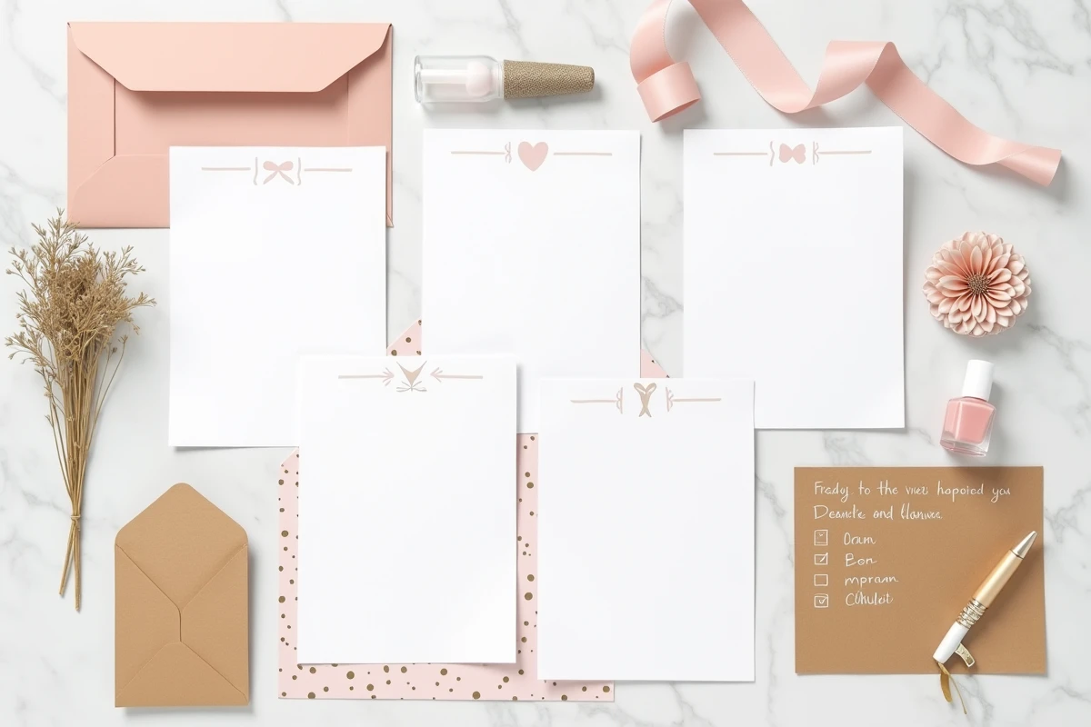 Vue à plat d'un kit jeu EVJF à imprimer complet avec cartes découpées, enveloppe et accessoires sur marbre blanc