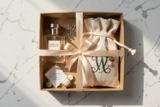 Kit de survie de la mariée fait maison présenté en flat lay sur marbre blanc avec trousse en lin monogrammée et petits accessoires essentiels
