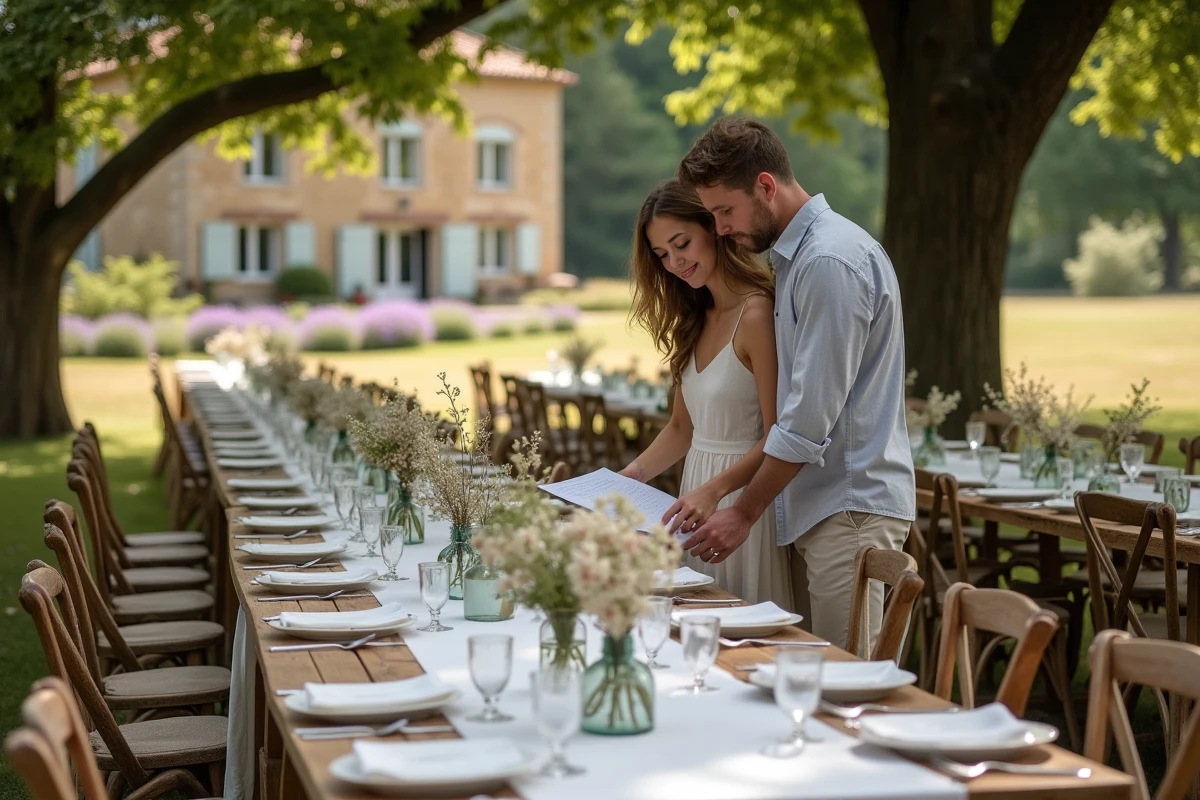 Couple examinant un plan de salle de réception de mariage en plein air dans une ferme provençale avec tables décorées