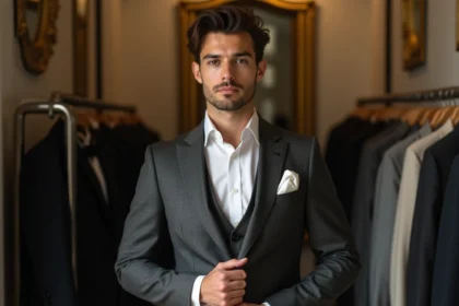 Homme essayant un costume de mariage chic dans une boutique de location de costumes à Paris