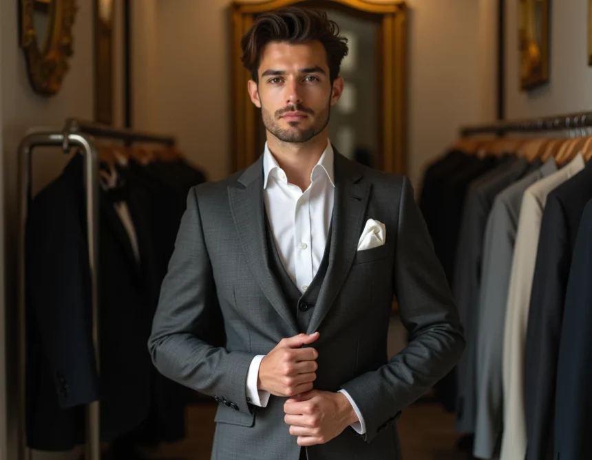 Homme essayant un costume de mariage chic dans une boutique de location de costumes à Paris