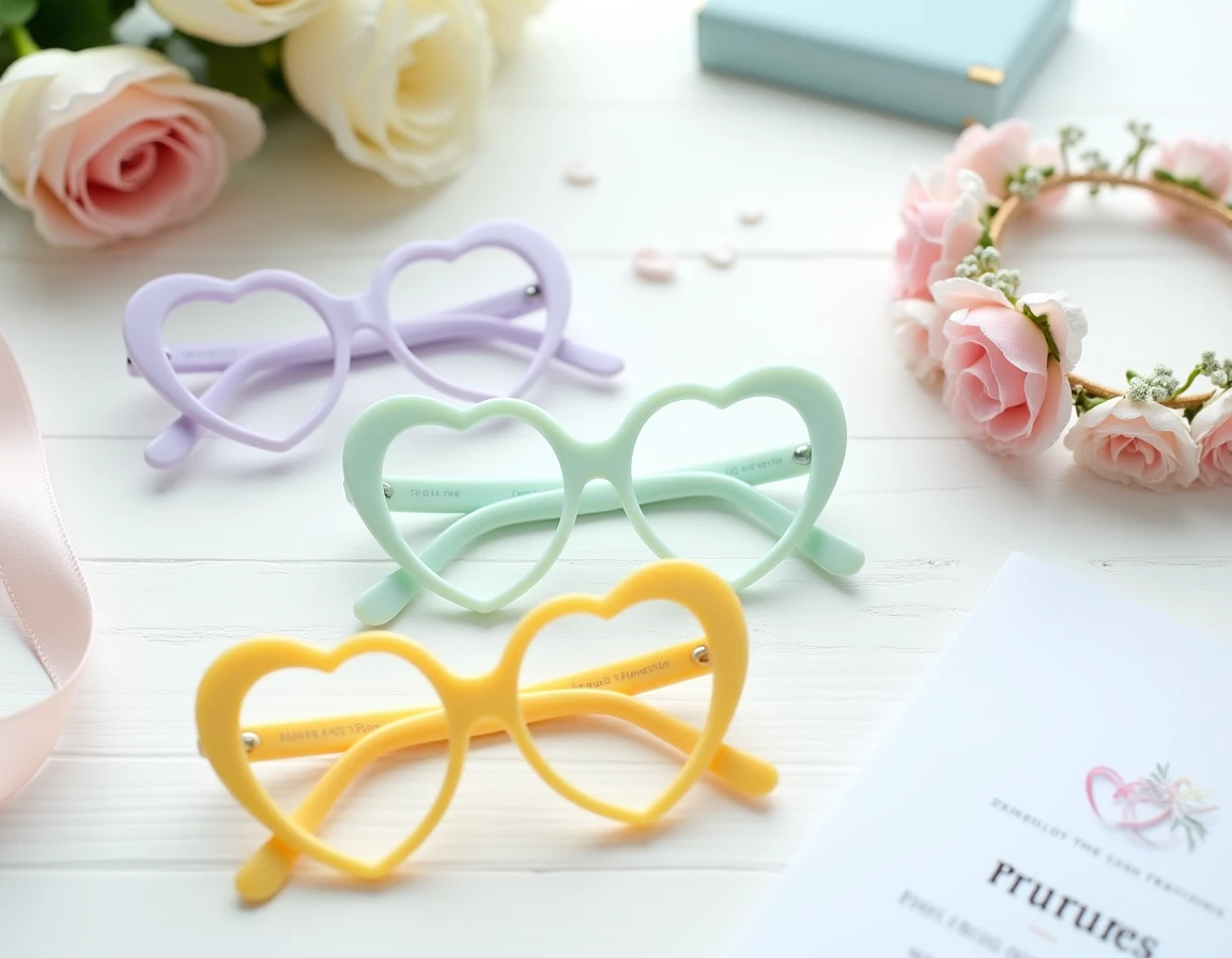 Assortiment de lunettes enfant en forme de cœur en couleurs pastel disposées avec des accessoires de mariage sur une table blanche
