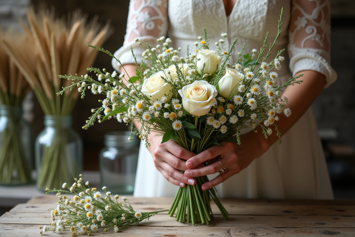 Mains préparant un bouquet de fleurs champêtre en intérieur