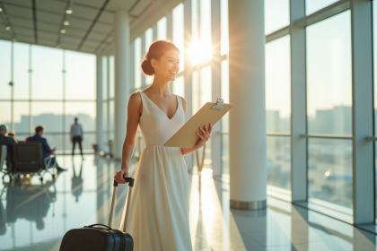 Mariée dans une robe blanche avec documents de voyage à l'aéroport