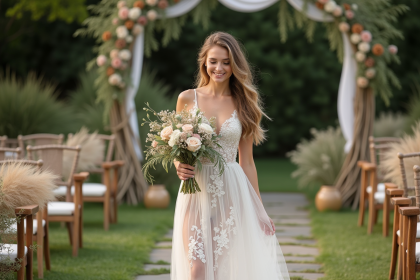 Jeune mariée dans un jardin champêtre avec bouquet pastel