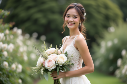 Mariée souriante en robe de mariage moderne avec bouquet blanc