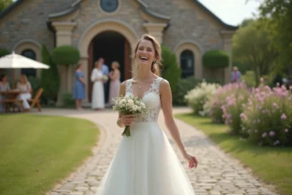 Jeune femme en robe de mariée blanche riant en extérieur