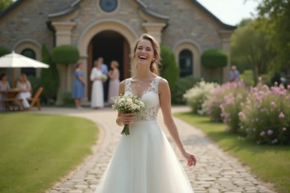 Jeune femme en robe de mariée blanche riant en extérieur