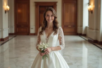 Femme en robe de mariage civil dans une mairie minimaliste