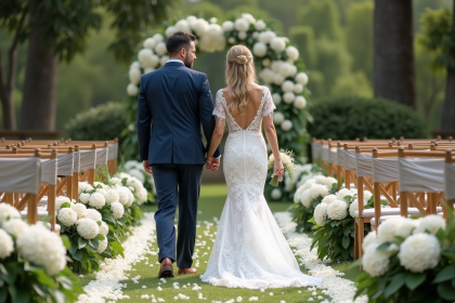 Jeune couple de mariés dans un jardin lors de la cérémonie