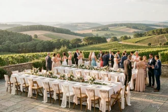 Réception de mariage en plein air dans un domaine de Nouvelle-Aquitaine avec vignes et forêts en arrière-plan