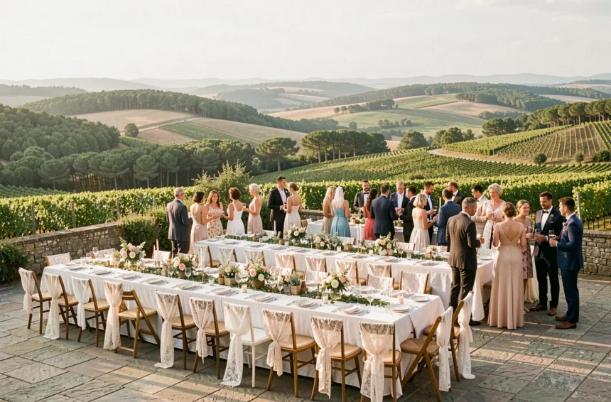 Réception de mariage en plein air dans un domaine de Nouvelle-Aquitaine avec vignes et forêts en arrière-plan