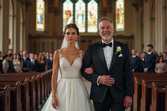 Jeune mariée avec son père dans une église ancienne