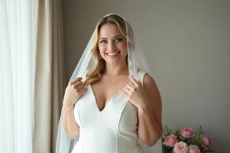 Femme confiante en robe blanche ajustant son voile dans une lumière douce
