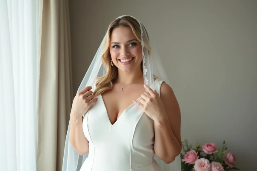 Femme confiante en robe blanche ajustant son voile dans une lumière douce