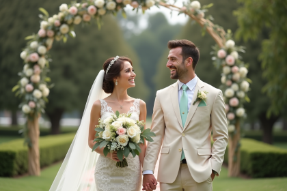 Jeune couple de mariés souriants dans un jardin élégant