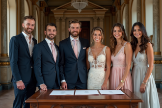 Groupe d'adultes élégants signant un mariage dans une mairie ancienne