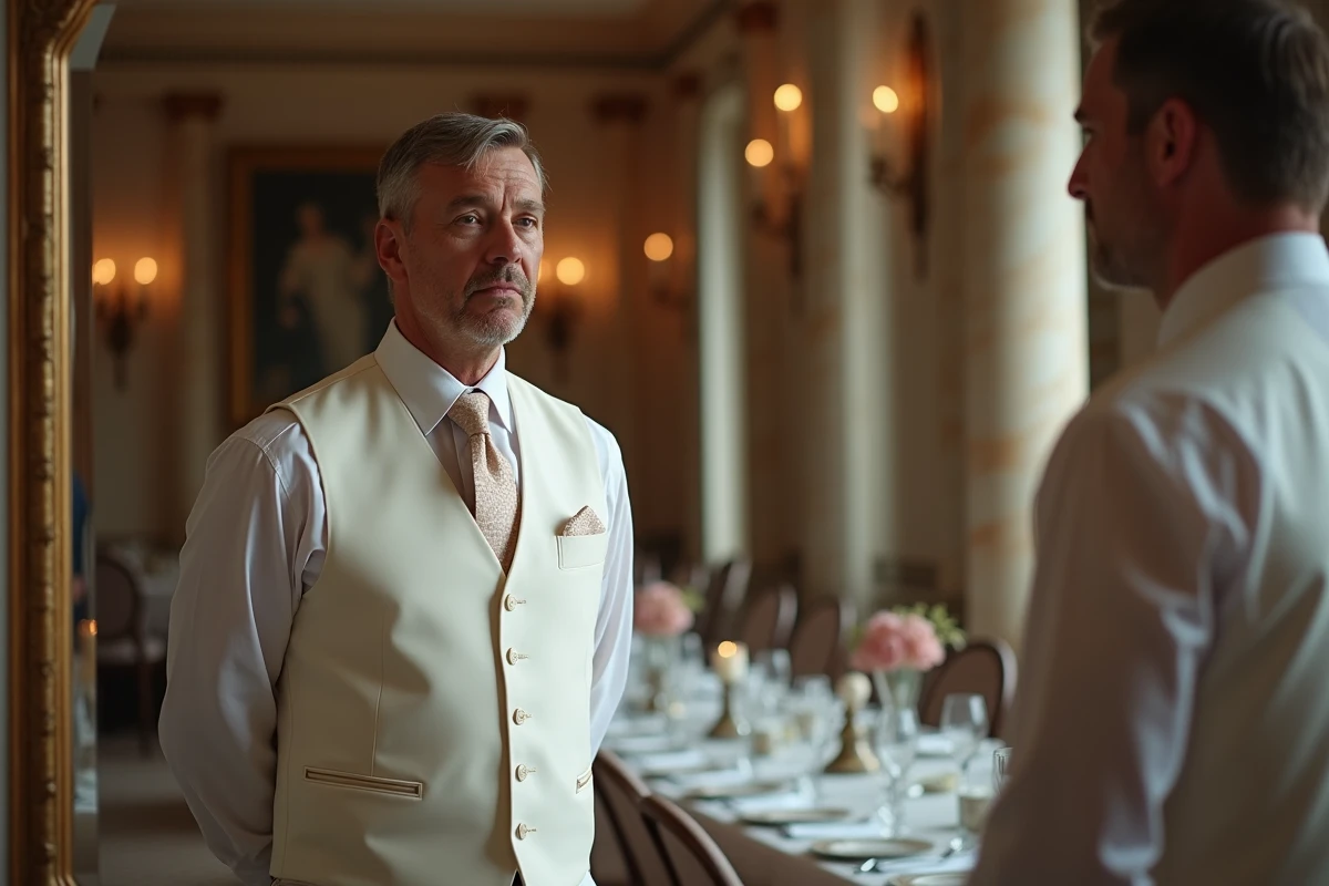 Homme en gilet blanc regardant son reflet dans un miroir